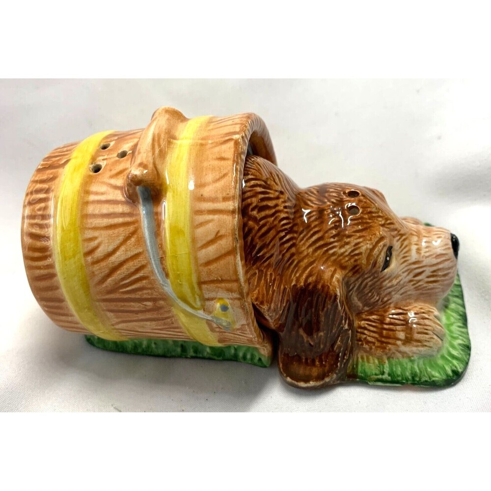 CKA Ceramic Dog/Puppy in a Bucket Salt & Pepper Shaker w/ Stoppers VTG